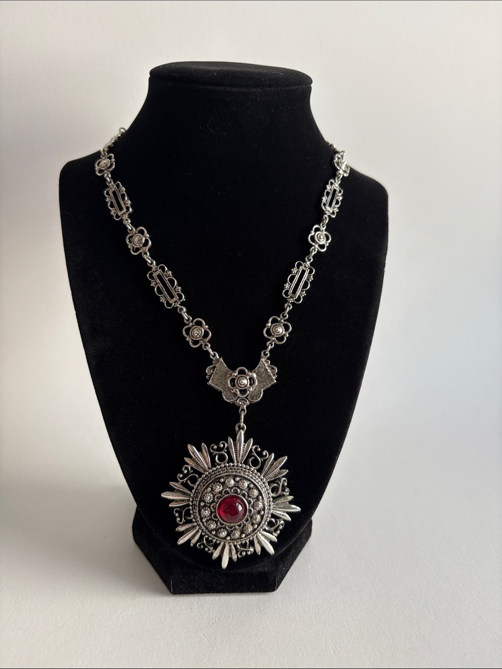 Silver Sunburst Red Stone Pendant Necklace Filigree Statement